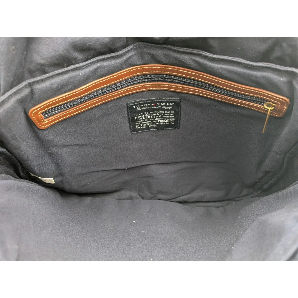 Tommy Hilfiger Navy Blue Canvas Messenger Bag Leather Trim Laptop Sleeve Mens